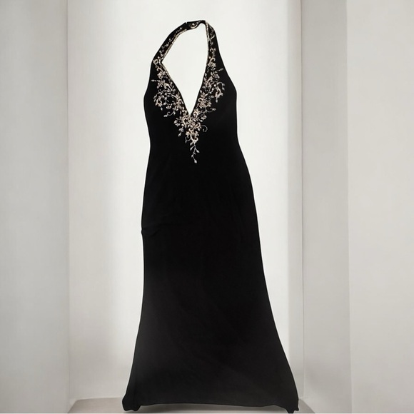 VTG Mystique Long Formal Black Elegant Beaded Halter Gown Black Tie Prom Sz 12 - Picture 1 of 16